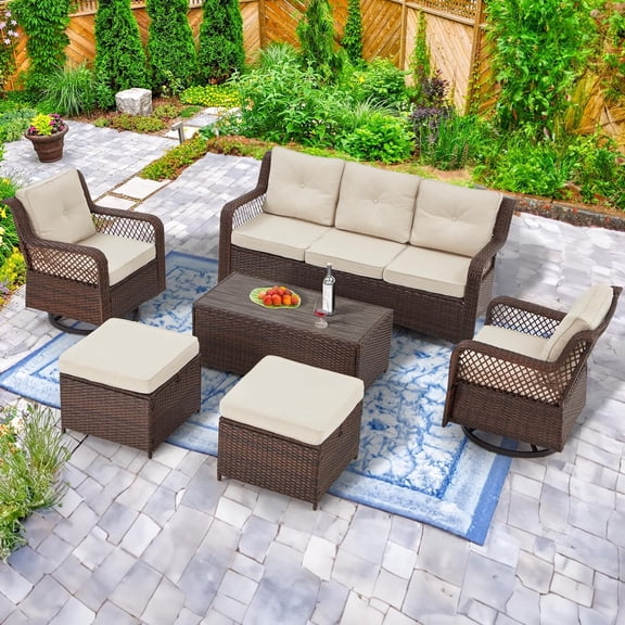 Yalissey 6 Pieces Wicker Patio Furniture Set Conversations Sets, 2 Outdoor 360° Swivel Rocking Chairs, Patio Swivel Glider Chair with Table and Ottoman for Garden, Poolside, Backyard (Brown)