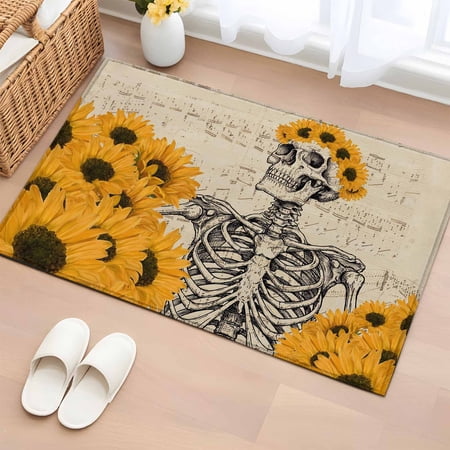 Rectangle Area Rug 2x3ft Retro Watercolor Sunflowers Skeletons Non-Slip Non-Shedding Floor Mat Abstract Art Washable Sturdy Carpet for Living Room Bedroom Home Decor