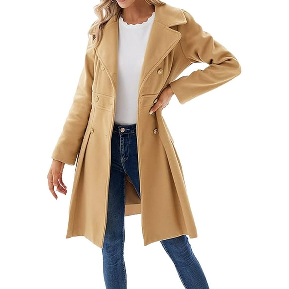 Amzcrzy Trench Coat Women Women's Solid Color Trench Coat Lapel Double Breasted A-Line Tweed Coat Jackets for Women Womens Long Sleeve Tops Womens Jacket Women's Clothing Womens Tops