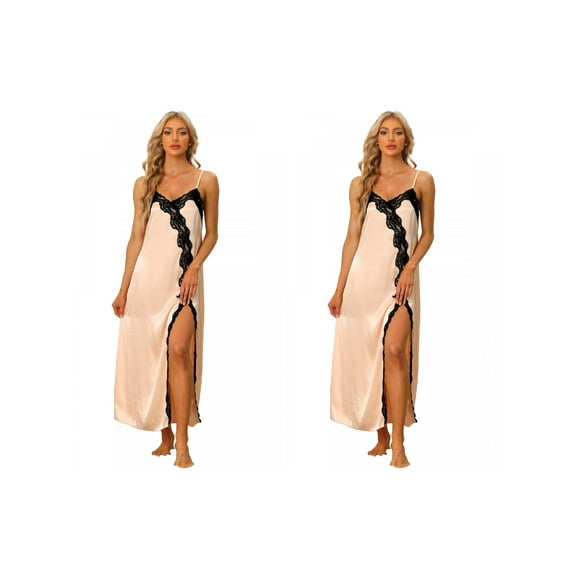 NOMADIC NOOK Women's 2 Pack Satin Nightgown Lace-Trim Cami Dress Side-Slit Maxi Gown Long Pajama Nightwear Small 2 Packs Champagne