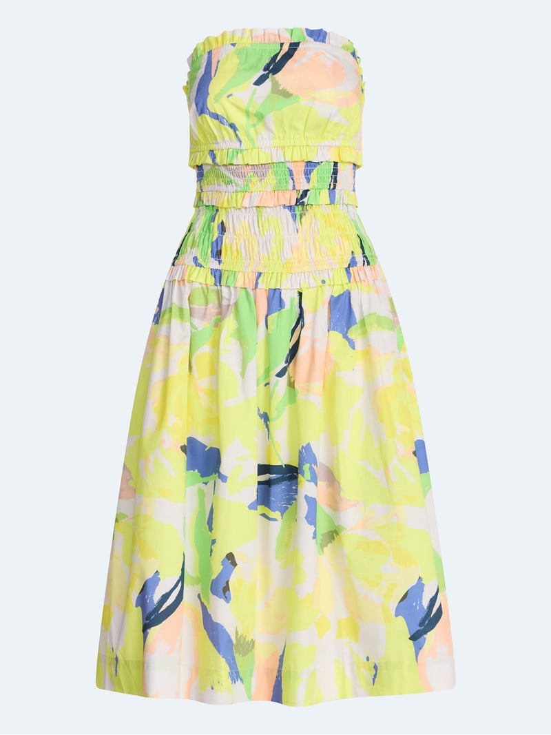 strapless poplin midi dress Cotton Poplin Strapless Dipped Waist Midi Dress With Pockets