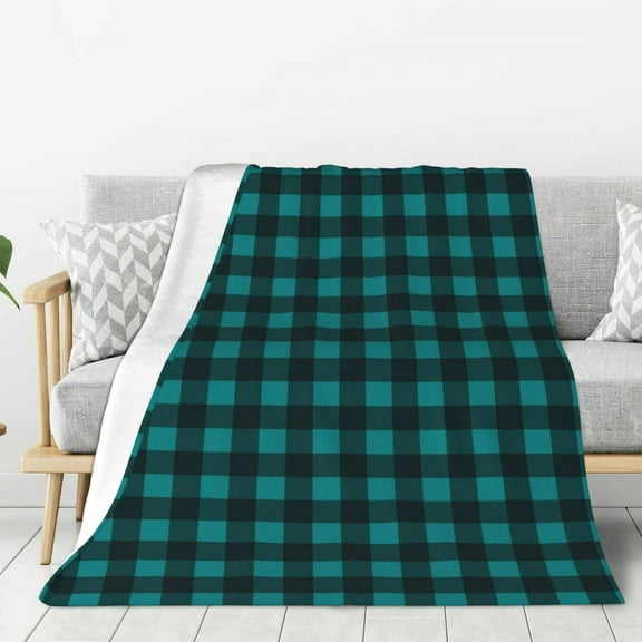 Fuzoiu Teal On Black Plaid Print Flannel Throw Blanket,Light Weight Warm Decorative,Throw Blanket Cover for Sofa, Couch, Bedroom,Travel-60"x50"
