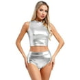 thumbnail image 2 of dPois Womens Metallic Sleeveless Mock Neck Crop Tank Tops with Shiny Booty Shorts for Dance Music Silver L, 2 of 6
