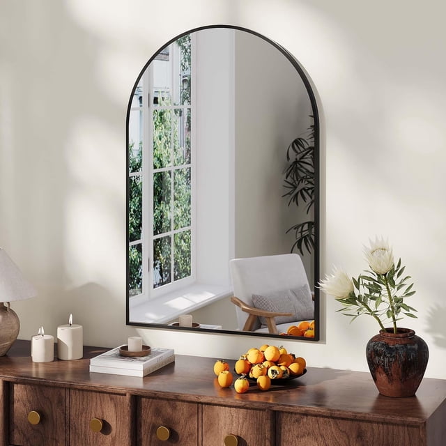 20 x 30-pulgada arched wall mirror: wall-mounted vanity mirror con arch metal frame para dormitorio, sala de estar, o bathroom (hanging o leaning, negra)