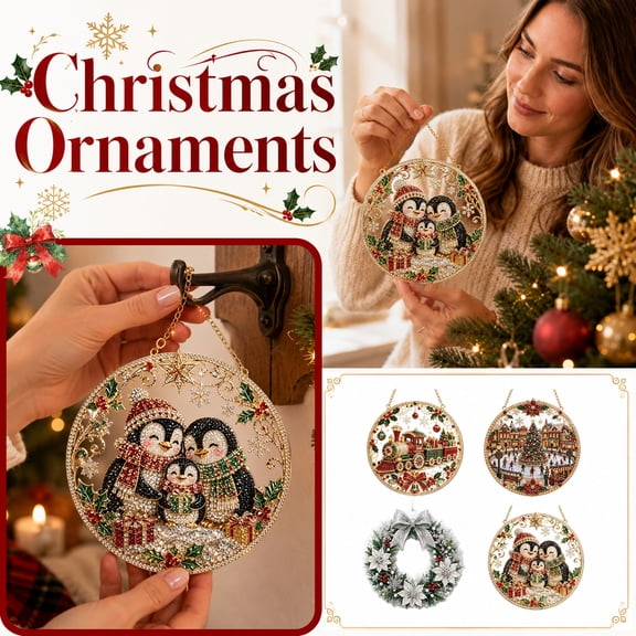 DIY Christmas Diamond Painting Ornament Kit, 7.87 in Penguin Family Design, Holiday Hanging Decoration