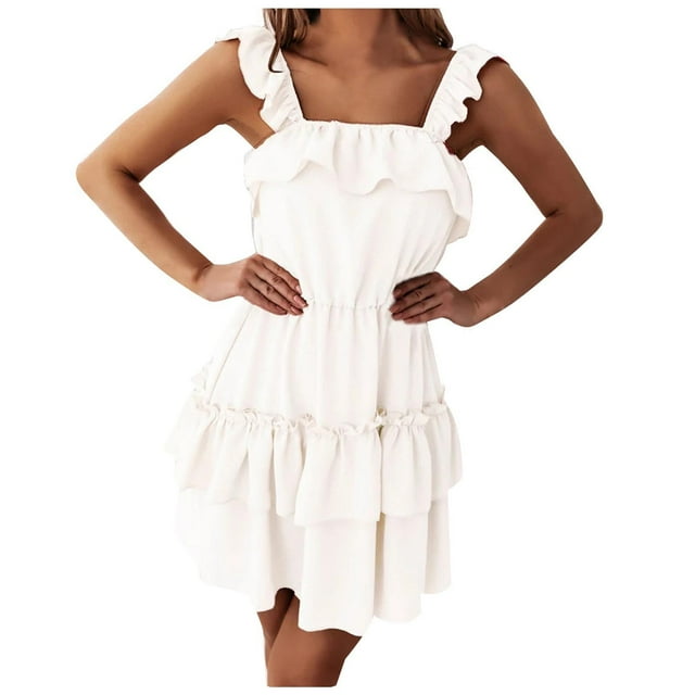 Pompotops Womens Fashion Summer Solid Color Sling Sleeveless Double Layer Ruffles Slip Dress