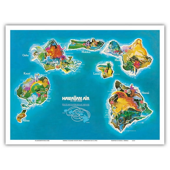 Hawaii Islands Route Map - Hawaiian Air Lines - Vintage Airline Travel Poster c.1961 - Master Art Print (Unframed) 9in x 12in