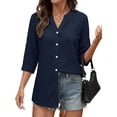 thumbnail image 3 of Fantaslook Womens 3/4 Sleeve Button Down Shirts V Neck Roll Up Sleeve Tops Cotton Linen Casual Summer Blouses Shirts, 3 of 10