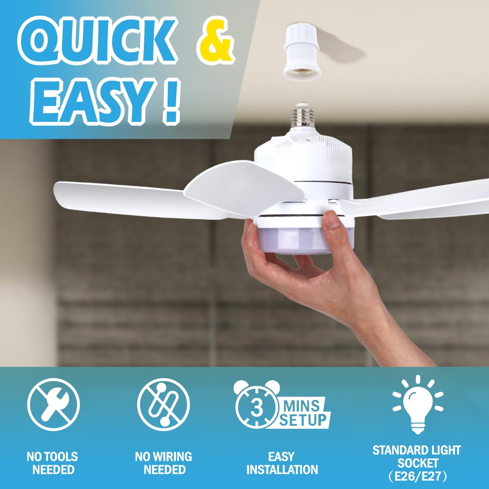 6 Blade Socket with Light Ceiling Fan, with Three Light Levels, Intelligent Remote Control to Control Fan Intensity, Light, Time Setting(2 Packs)