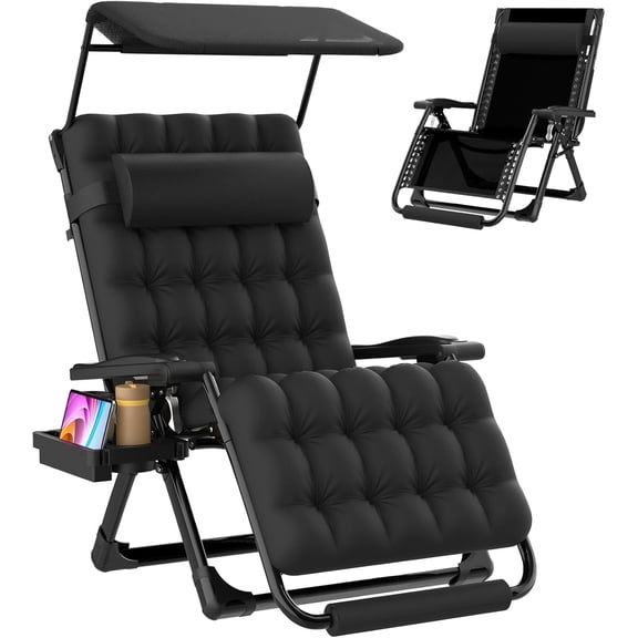 DKMOCO 33In XXL Zero Gravity Chair with Canopy, Oversized Lounge Chair w/Removable Headrest&Cushion, Folding Patio Chairs Recliner for Indoor Outdoor, Black