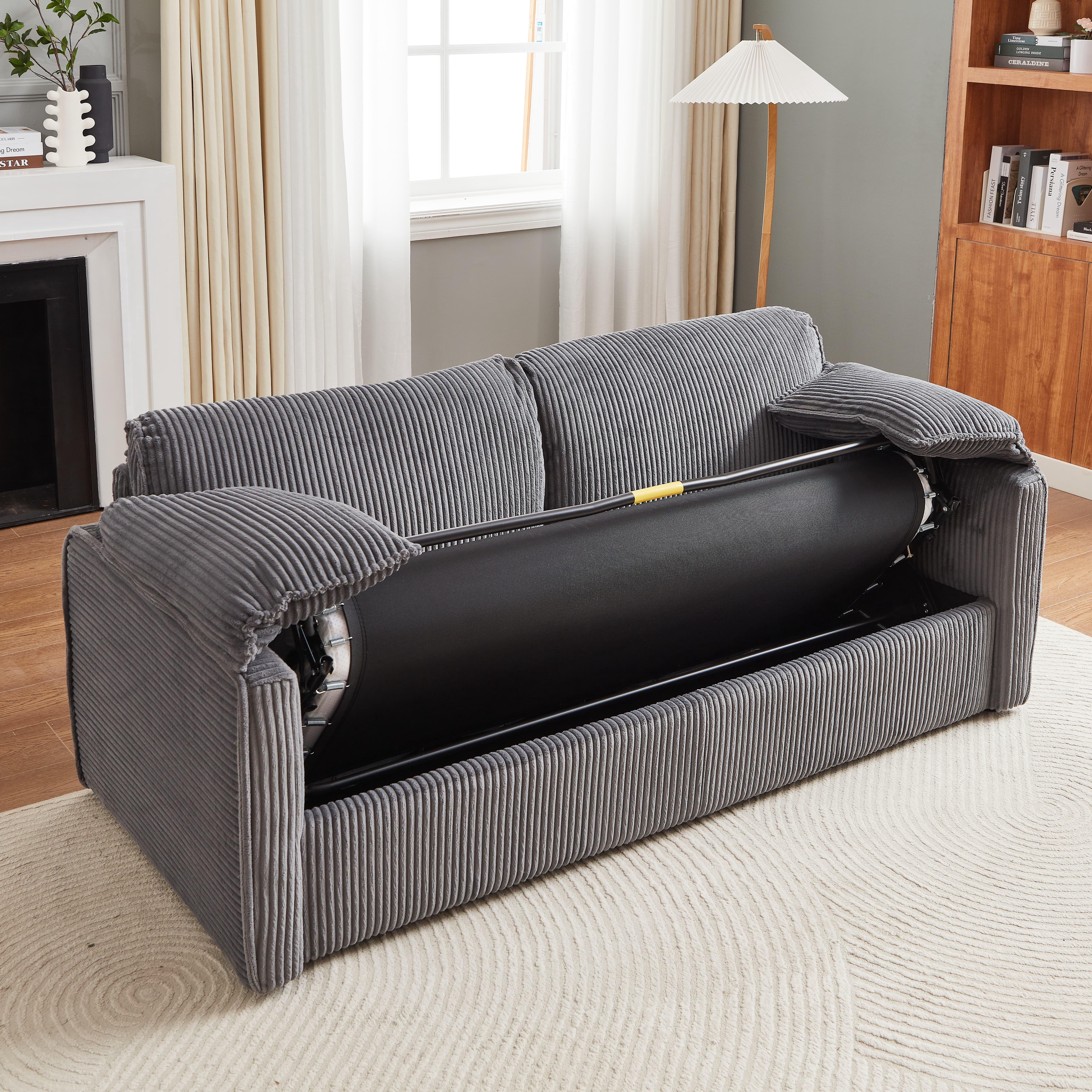 MAYEERTY Modern Corduroy Sleeper Sofa Bed, Pull Out, Multi-Functional Recliner Couch Bed for Living Room, Gray