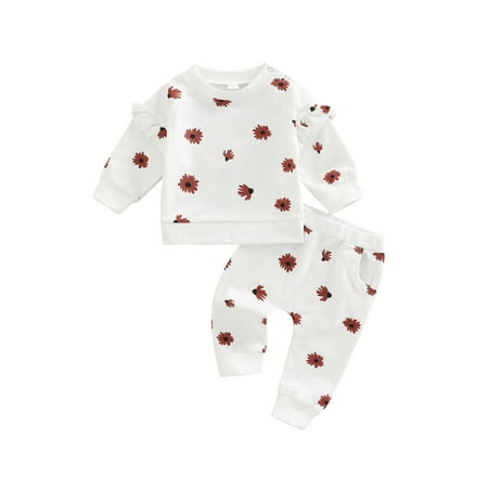 

Genuiskids 2Pcs Newborn Baby Girl Fall Outfits Daisy Print Long Sleeve Round Neck Ruffles Sweatshirt Pullover Tops Side Pockets Trousers Infant Clothes Set