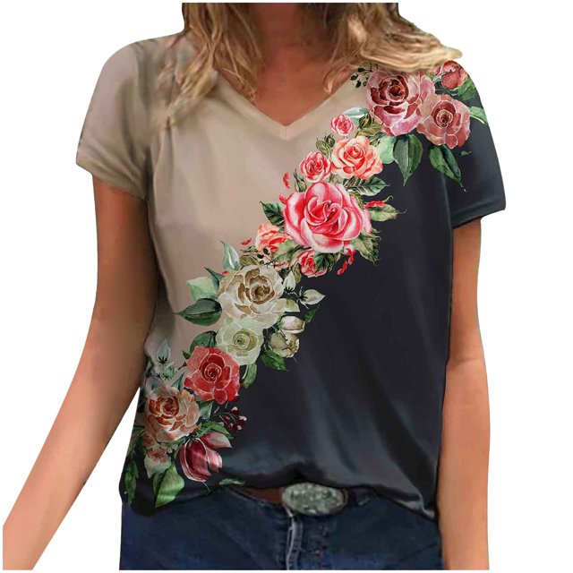 Hauts d'Été pour Femmes 2023 Mode Femme Décontractée Blouse à Col en V Imprimée T-Shirt à Manches Courtes Hauts d'Été