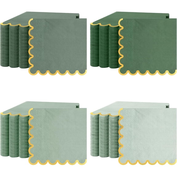 100 Pack Scalloped Napkins Disposable, Cocktail Napkins with Gold Foil, 5 x 5inch Green Napkins for Baby Shower, Bridal Wedding, Birthday Party,Dinner Party Decorations (Green)