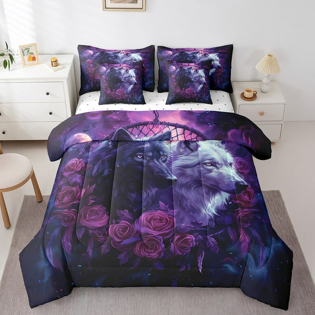 YST Literie Safari Loup 7 Pcs Ensemble de Couette Noir et Blanc, Format Grand Lit