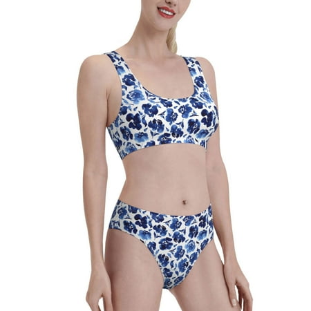 Uemuo Blue Roses Printed Women s High Waisted Bikini Sets Sporty Two Piece Swimsuits Color Block Cheeky High Cut Bathing Suits-Medium