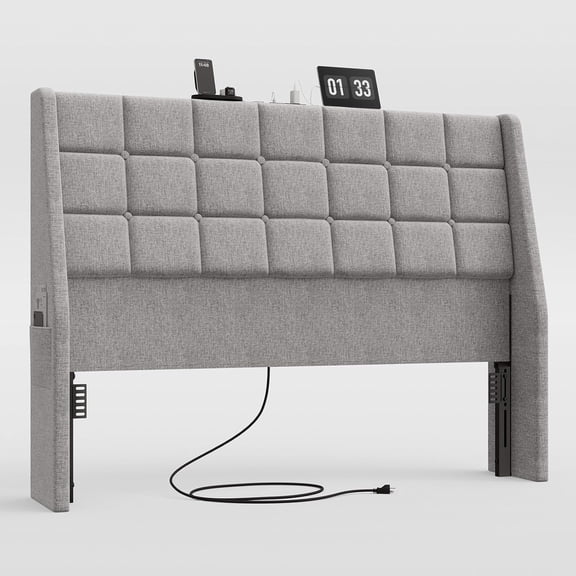 Ergonomic Upholstered Queen Size Headboard with Charging Station, Linen Wingback with Storage Pocket, Bed Frame Adapters, Sturdy Solid Wood, Light Grey