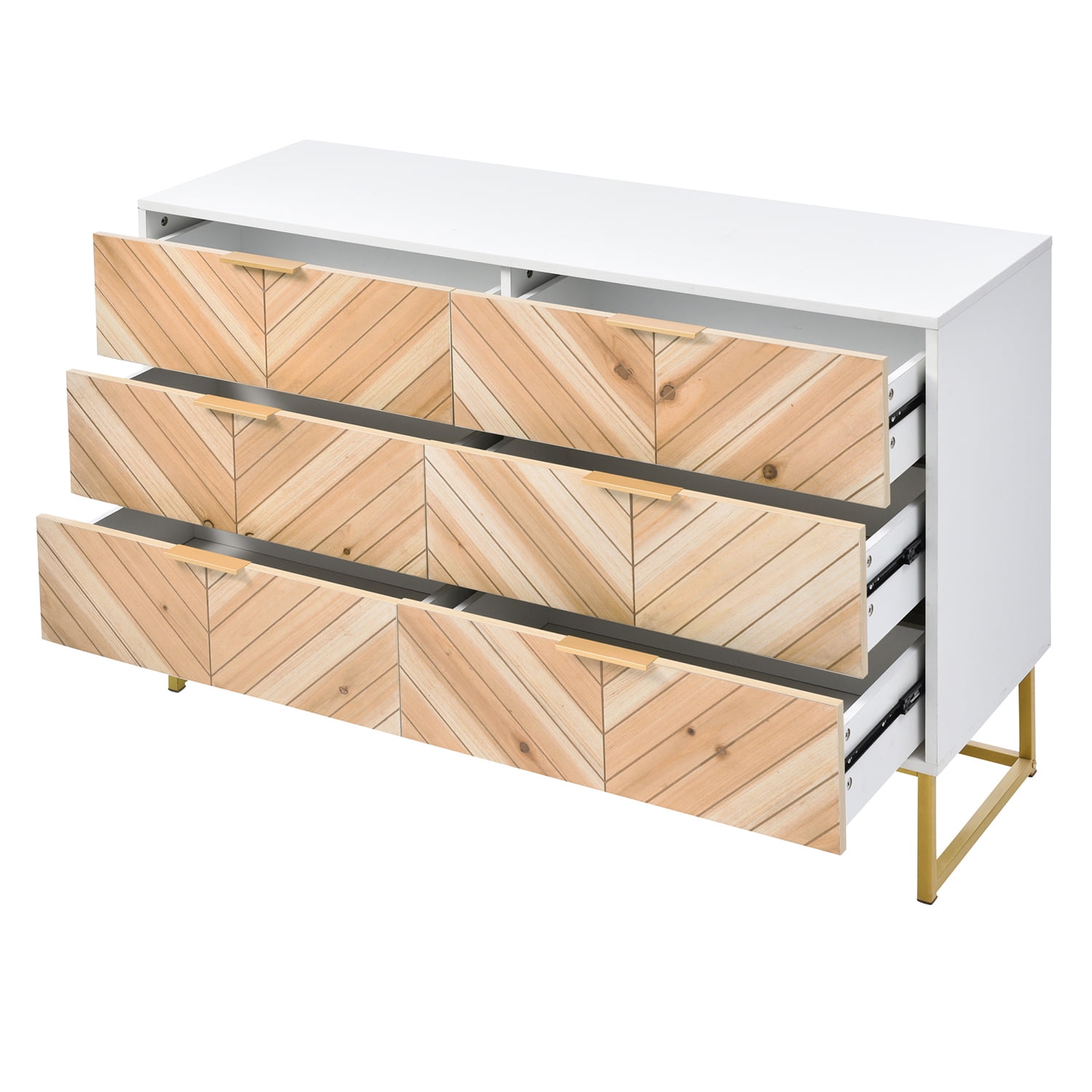Kadyn 6 Drawer Dresser, Chest of Drawers with Metal Leg and Handle, Particle Board Storage Cabinet for Bedroom, White+Natural Kadyn 6 Drawer Dresser, Chest of Drawers with Metal Leg and Handle, Particle Board Storage Cabinet for Bedroom, White+Natural