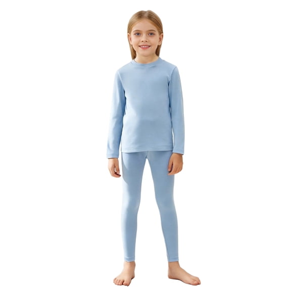 Sholeno Kids Thermal Underwear Set for Boys Girls Long Johns Winter Athletic Base Layer Top Bottom Outfit Light Blue 5-6