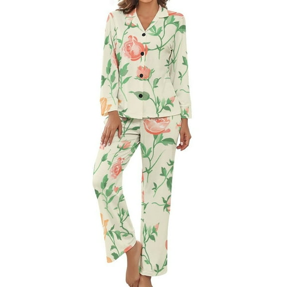 PoBuds Women's Long Sleeve Flannel Pajama Set Sleepwear Rose Pattern M