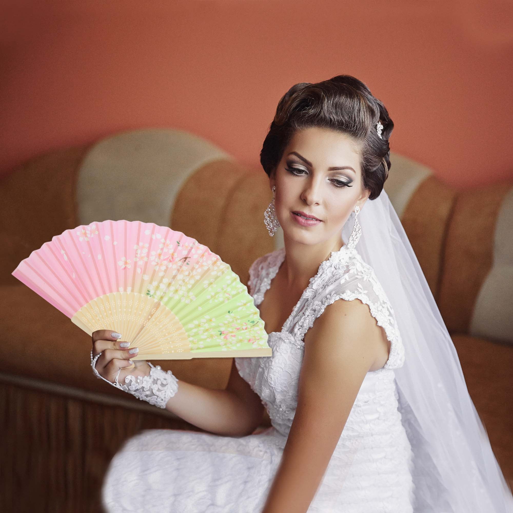 Unique Bargains Ancient Style Folding Fan 1Pc Pink Green [Floral Style]