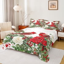 Manfei Jungle Robin Bird Bed Sheets, Retro Rose Floral Flower King Sheets, Winter Western Christmas Sheet Set, Breathable Home Decor, 4-Piece
