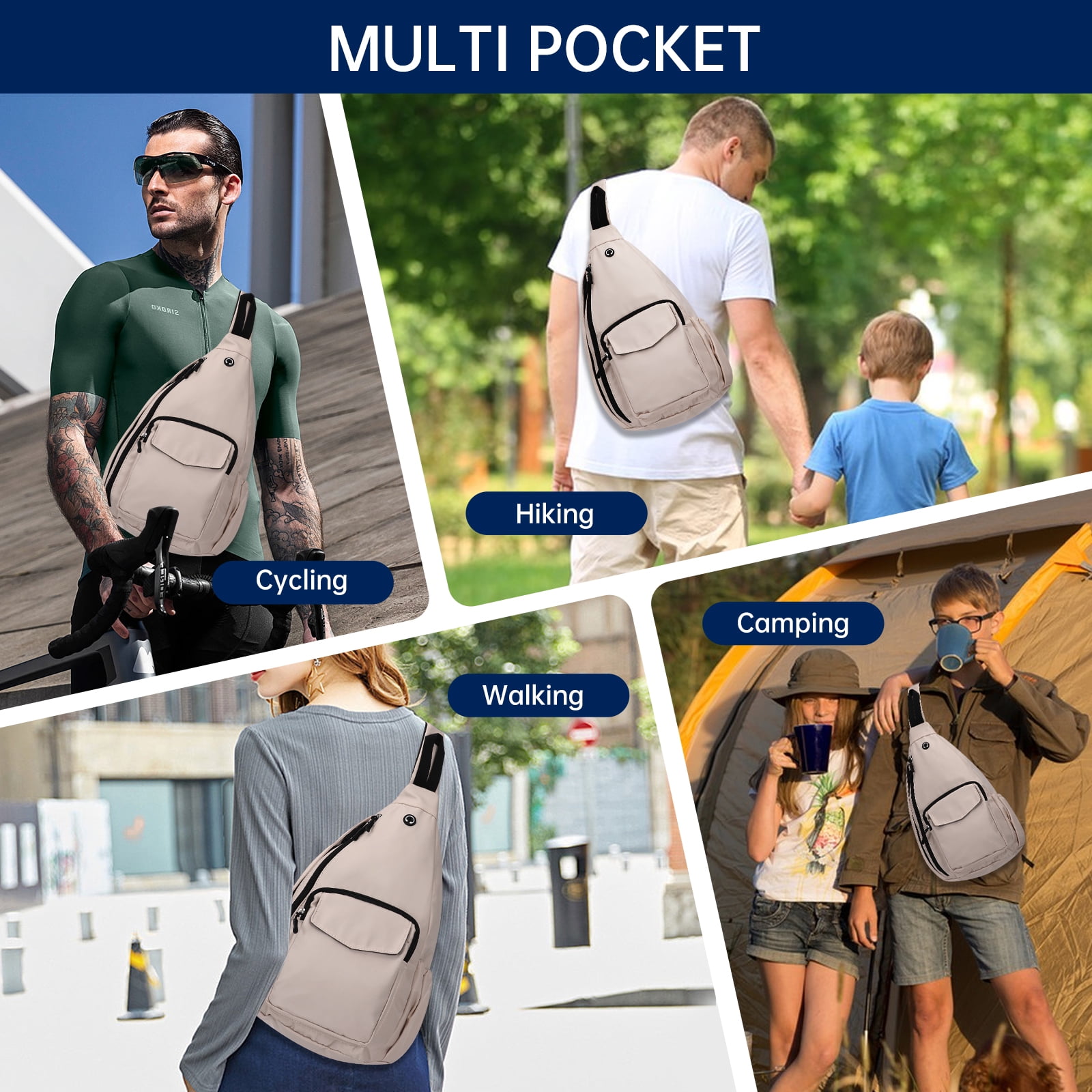HAWEE Convertible Chest Bag Casual Daypack for Outdoor Cycling Hiking Travel Sling Backpack Crossbody Shoulder Purse for Women, Beige