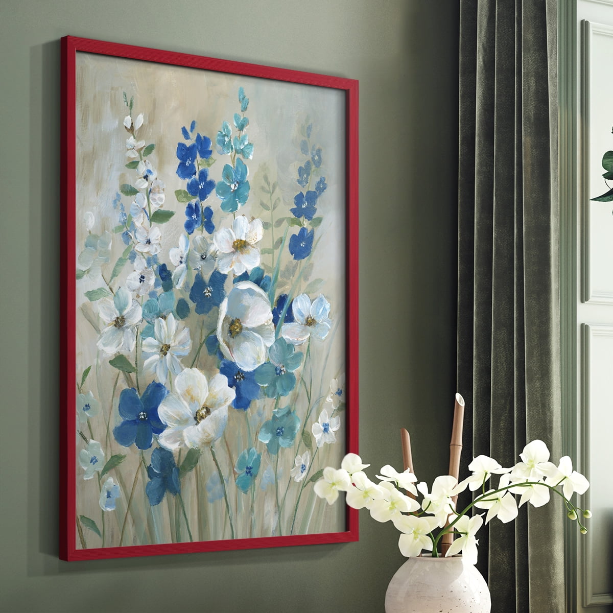 Blue Garden I Framed Print in Red Solid Wood Framed Print No Nail Hanging