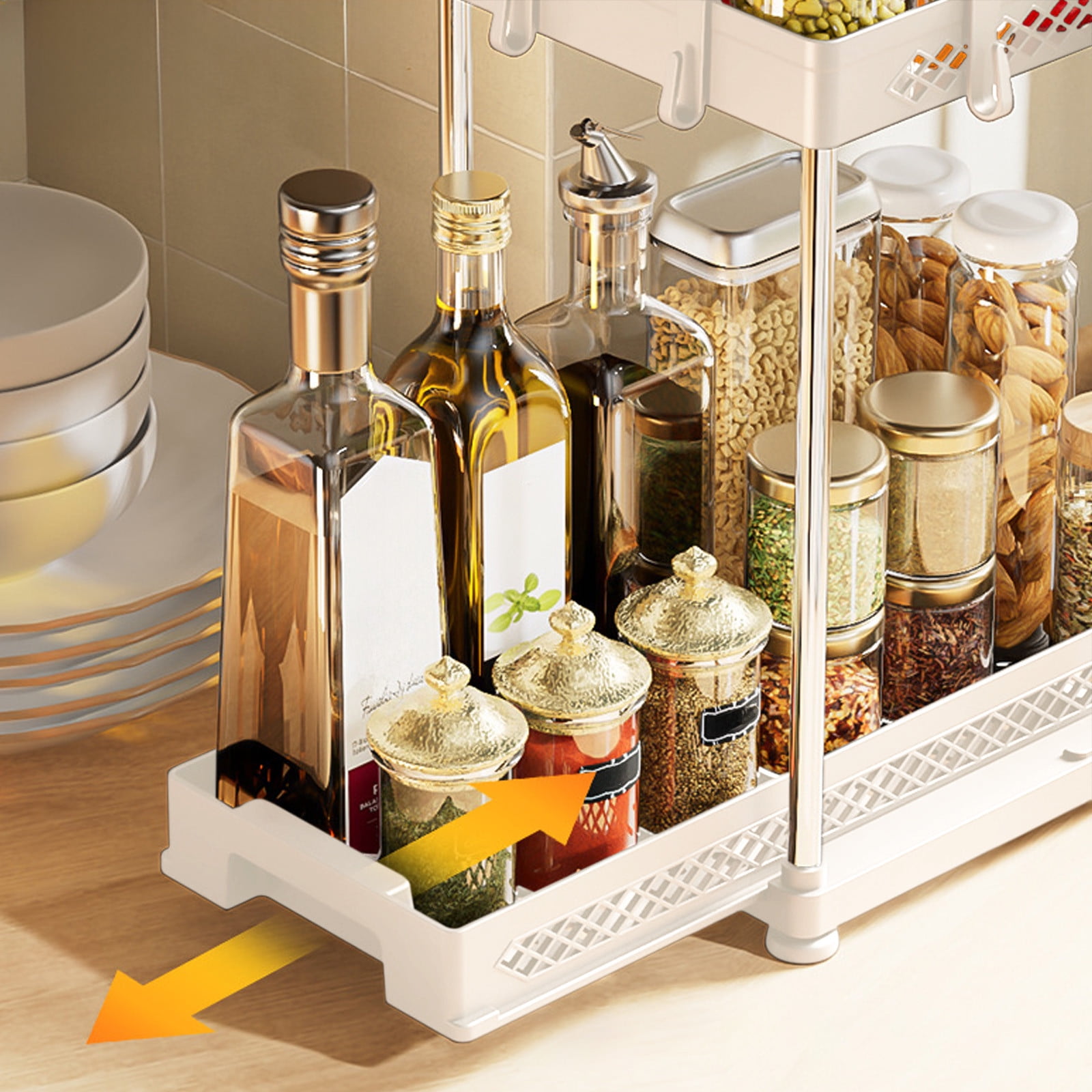 UUHYTG Pull Out Under Sink Storage Shelf Organizer Rack, Multi Functional Layered Spice and Bathroom Shelf with Hanging Hooks, Ventilated and Drainage Kitchen Cabinet Storage Solution