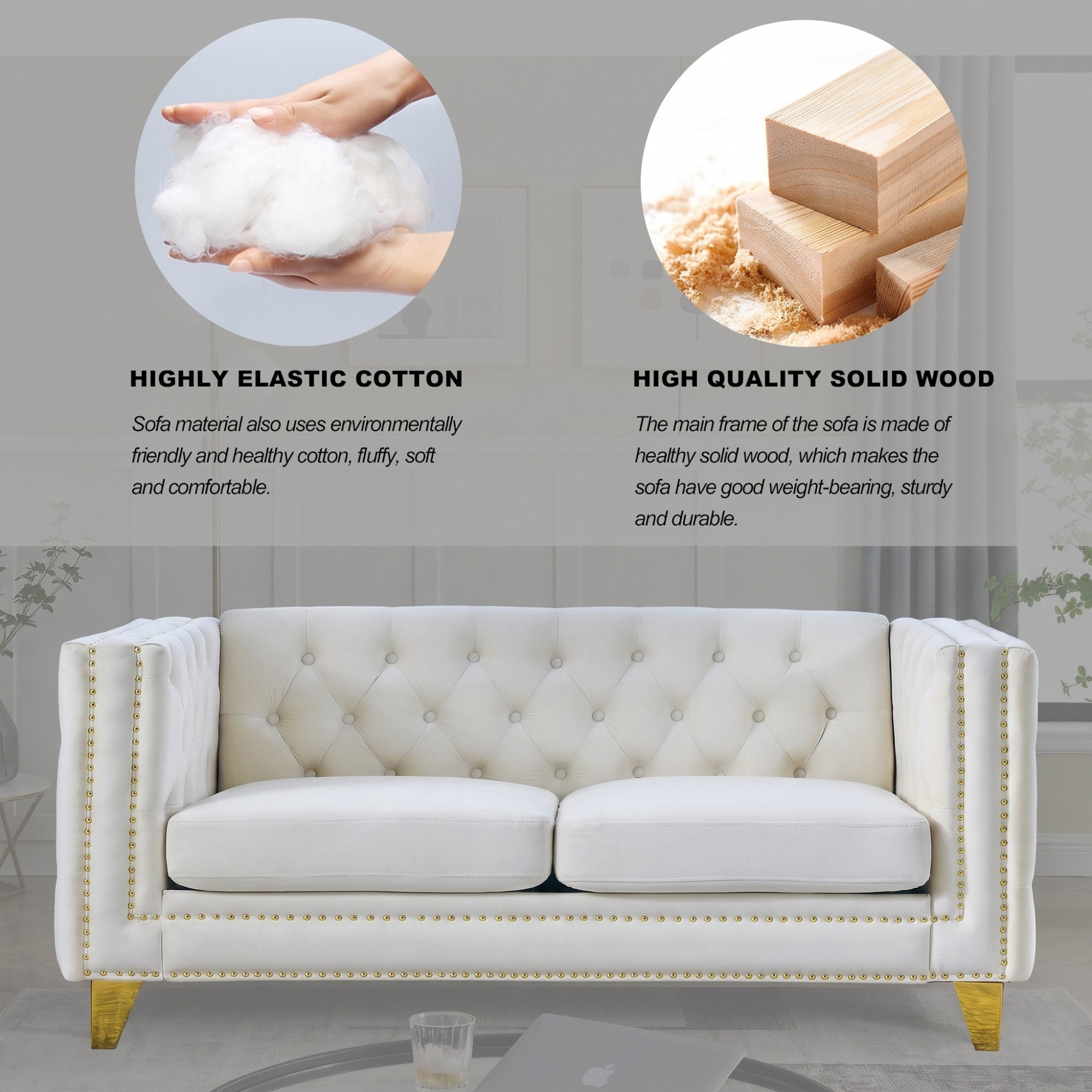 Sailvan 82" Velvet Chesterfield Sofa, Tufted Button Couch with Gold Metal Legs & Nailhead Trim, Modern 2-Seater with Unique Charm Loop Beige