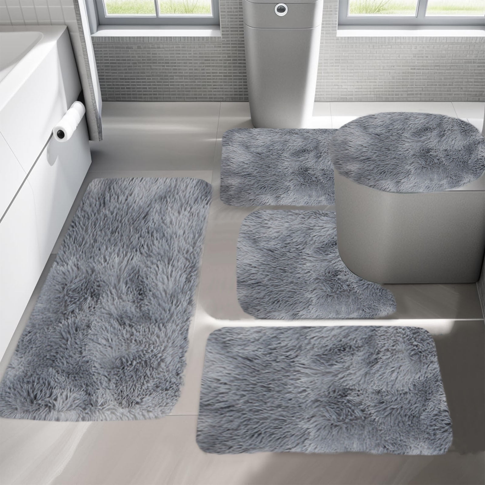 AuroraX Bathroom Rugs Sets 5 Piece,Non Slip Washable Soft Gray Bathroom Runner Rug with Toilet Rug U Shaped Bathroom Home Decor Eclectic