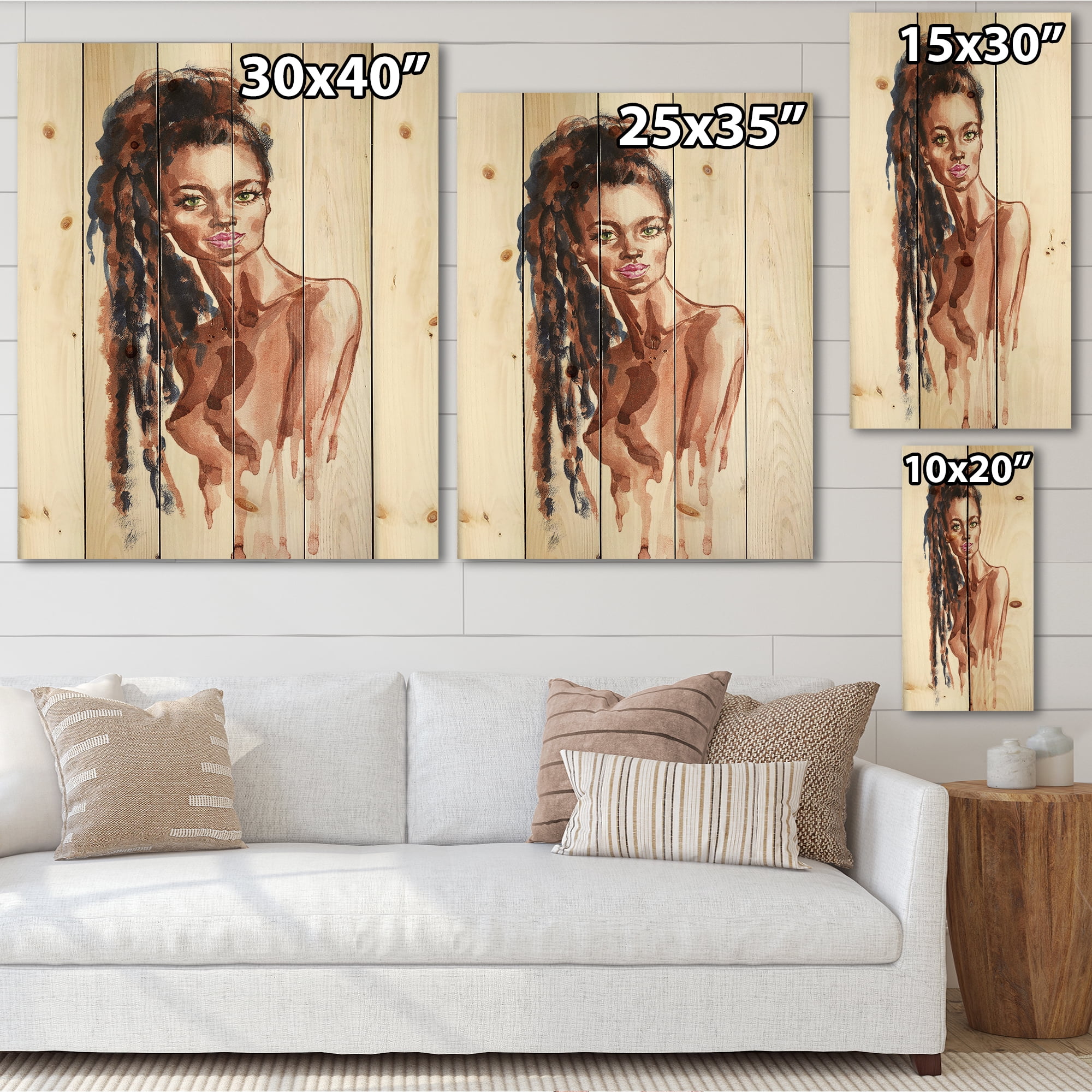 Designart 'Portrait of Afro American Woman VIII' Modern Print on Natural Pine Wood