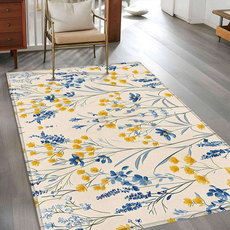 Blue Yellow Flowers Area Rug 3x5 Washable Rug Non Slip Botanical