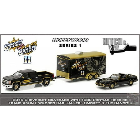 GREENLIGHT 1:64 HOLLYWOOD HITCH & TOW - SMOKEY AND THE BANDIT - 1980 PONTIAC TRANS AM, 2015 CHEVROLET SILVERADO & ENCLOSED CAR (Best Enclosed Car Hauler For The Money)