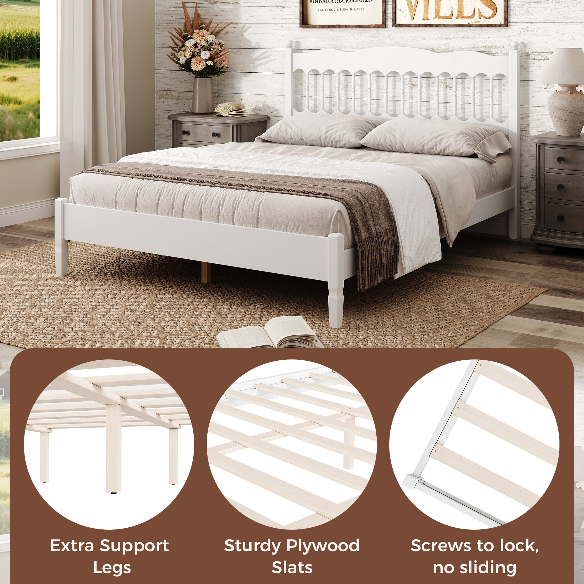Euroco Wood Queen Size Platform Bed, Countryside Style Bed Frame with Spindle Headboard, No Box Spring Needed, White