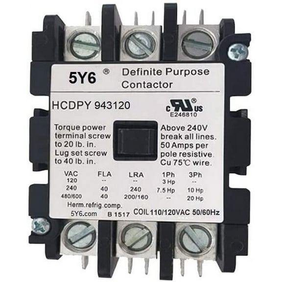 40 AMP DEFINITE PURPOSE CONTACTOR 3 Pole 120V Lighting, Heating, Refrigeration, 40A UL