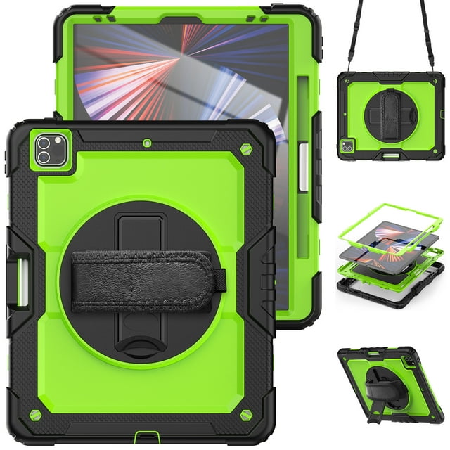 XYX For iPad Pro 12.9 inch Case (2022/2021/2020/2018), 360 Rotating Shockproof Cover with Stand, Screen Protector, Shoulder Strap, Lime PC