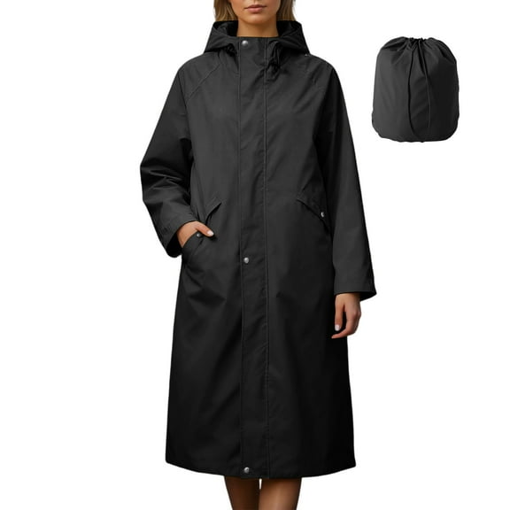 Womens Long Raincoats Rain Jacket Waterproof Packable Hooded Windbreaker Black L