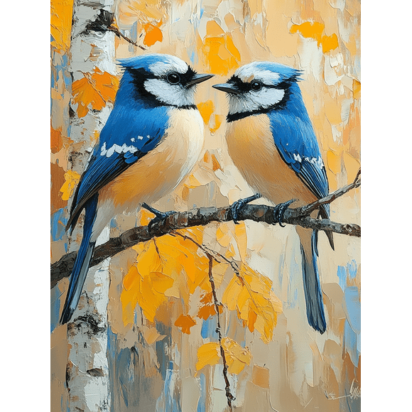Qisvanset 12x16 Inch Bluejay Birch Tree Canvas Wall Art, Colorful Bird Oil Painting Nature Wall Decor