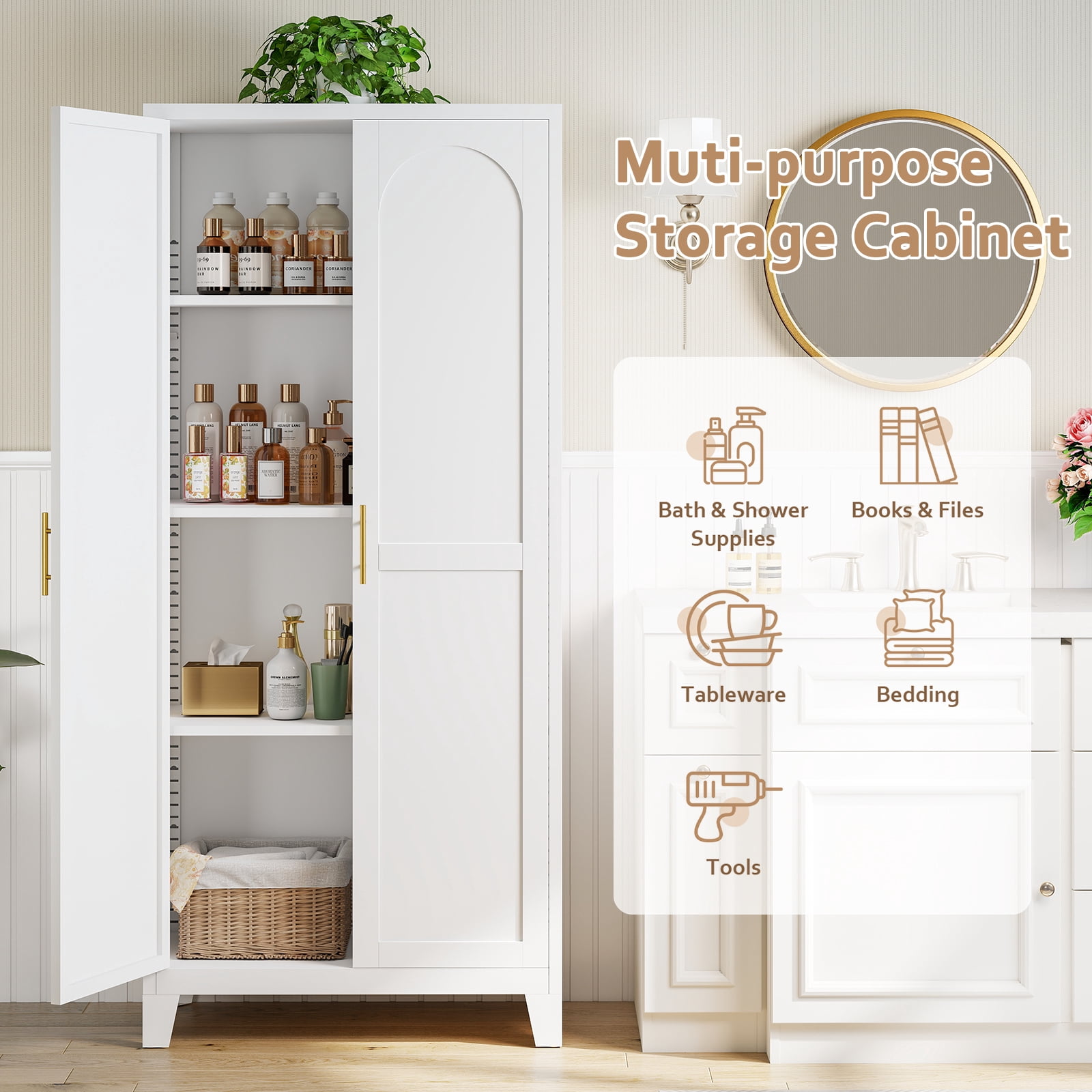 LIZEVINC 61.2in Pantry Cabinet, Metal Shapely Doors Cabinet with Doors and Adjustable Shelves, Food Pantry Cabinet for Kitchen,Dinning Room- Assembly Required(White)