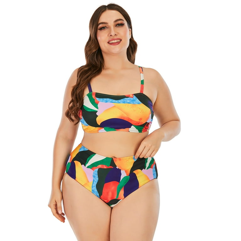 Plus Size Swimsuit for Women High Waist Swimwear Color Block Print Stretchy Sling Bikini Sets Split Two Piece Swimsuits Pool Party Beachwear Bathing Suit Walmart
