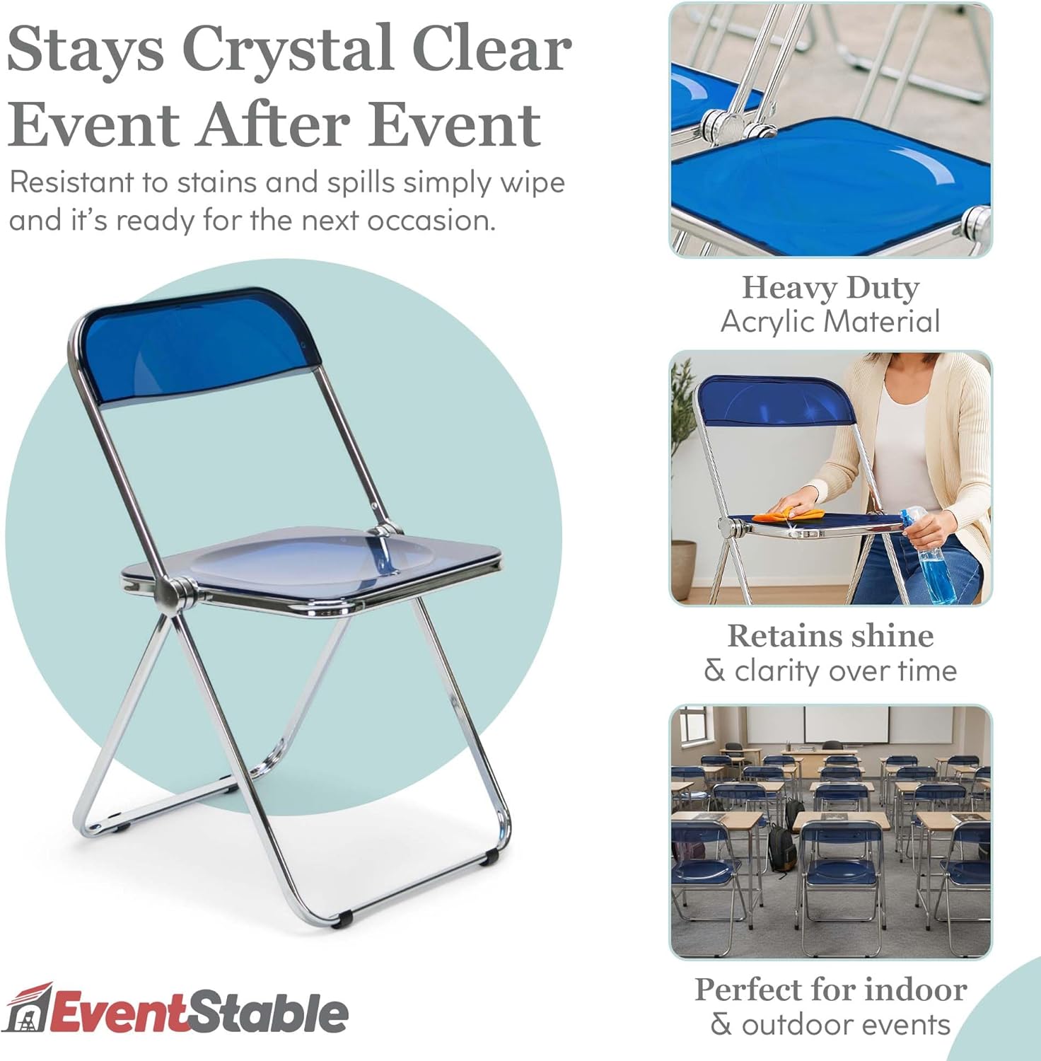EventStable Clear Acrylic Folding Chair with Electroplate Chrome Frame, Lightweight Portable Seating Stackable Comfortable Chair for Indoor Outdoor Dining, Events & Parties - Cobalt Blue - 4-Pack