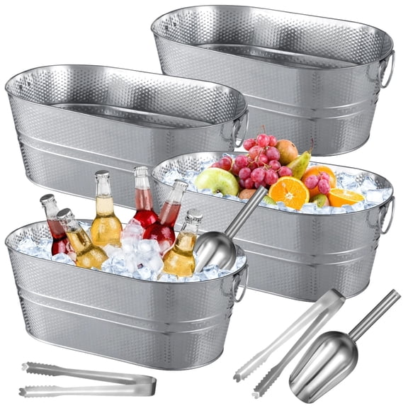 4 Pcs Galvanized Ice Buckets, 3.4 Gallon Metal Beverage Buckets with Handles, Vintage Beverage Coolers, Large Oval Drink Tubs, Includes Tongs and Scoops for Cocktail, Wine, Beer