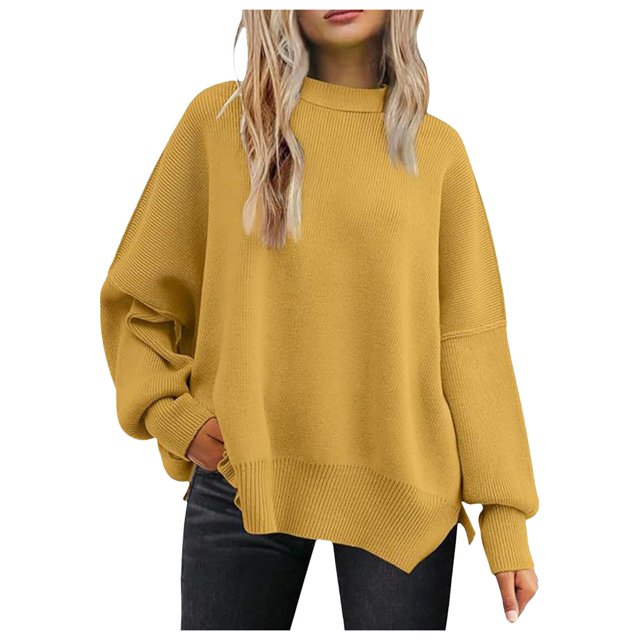 Women's Oversized Batwing Sweater 2024 Fall Ribbed Knit Crewneck Long Sleeve Pullover Tops with Side Slit Comfortable Casual Wear