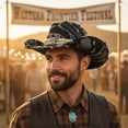 thumbnail image 4 of RUINIXCW Western Denim Cowboy Hat Blue Denim Cowgirl Hat For Man Women Distressed Jean Hat With Bull Head Buckle Belt Wide Brim Outback Hat, 4 of 8