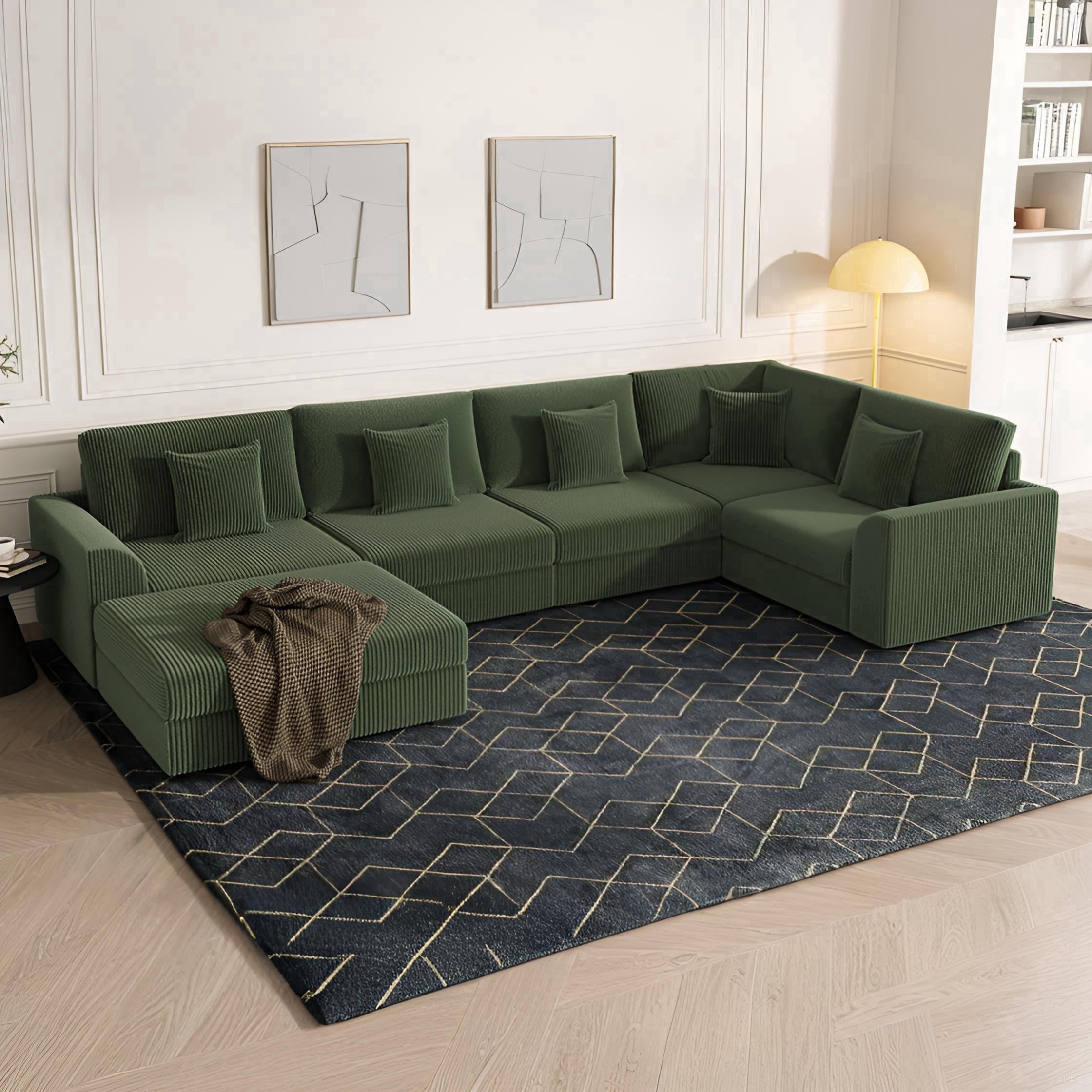 Advwin Oversized Modular Sectional Sofa with Storage Ottoman & 5 Pillows, Modern L-Shaped 6-Seater Corduroy Cloud Couch, Convertible Sleeper Sofa for Living Room, Dark Green