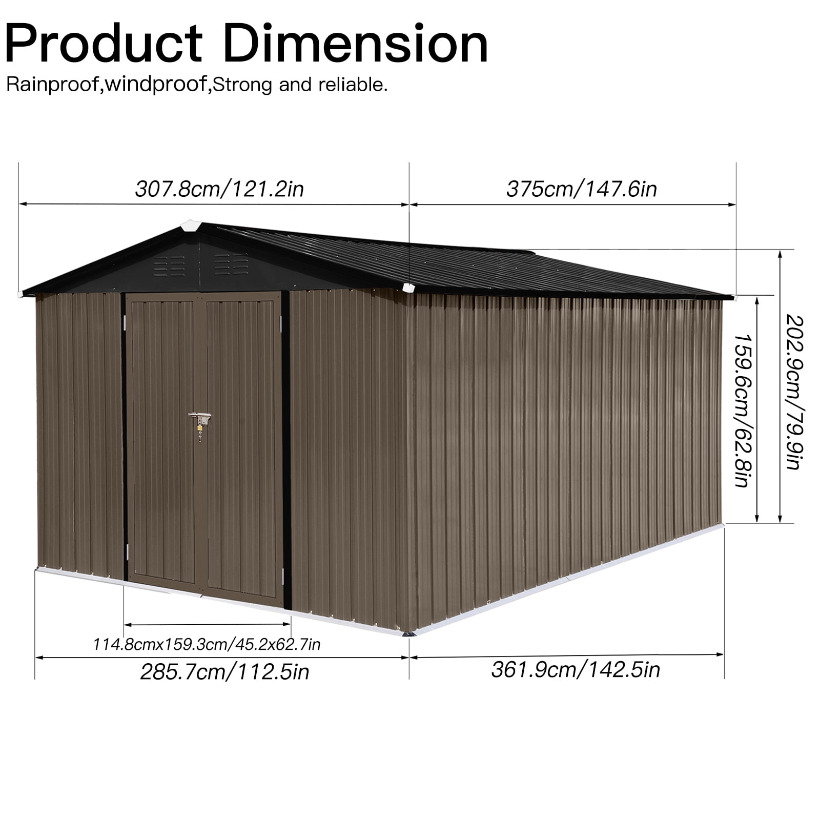 10x12FT Outdoor Metal Storage Shed Tool Bike Generator Weatherproof with Shutter Vents Floor for Garden Patio Backyard, Brown Black