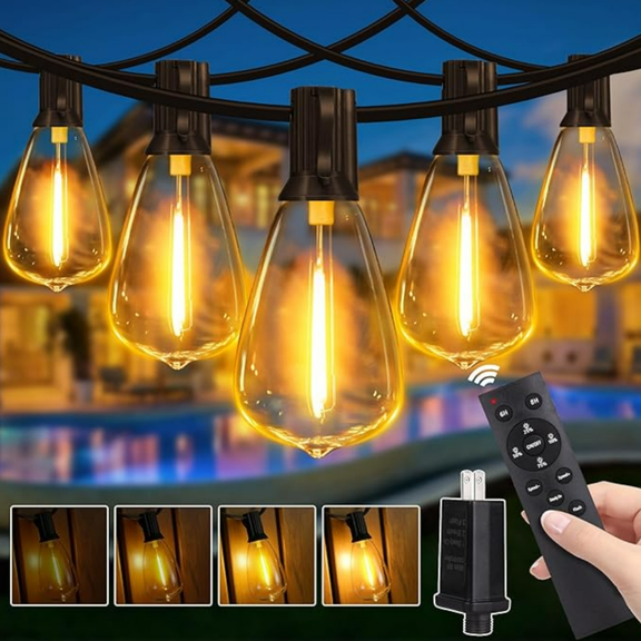 String Lights Dimmable with Remote, 100 FT Outdoor Lights with 2 Timer and 3 Mode, Waterproof & Shatterproof Patio Lights, 2200K Energy Saving String Lights 3 Spare Bulbs for Patio Yard