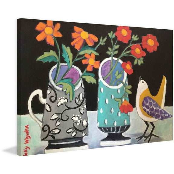 Marmont Hill "Two Cheery Vases and a Chirp" Painting Print on Canvas