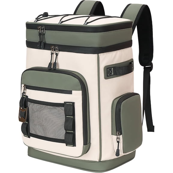 Waterproof Insulated Cooler Backpack for Men and Women 17.7 x 12.2 x 7.9 Inches Holds 35 Cans Leakproof Beige Green